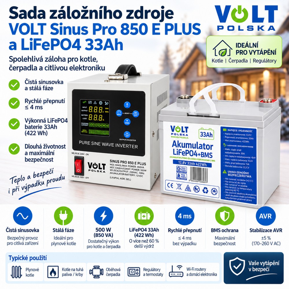 Sada záložního zdroje VOLT POLSKA Sinus Pro 850 E PLUS 12V/230V 500W + 33Ah LiFePO4 baterie VOLT